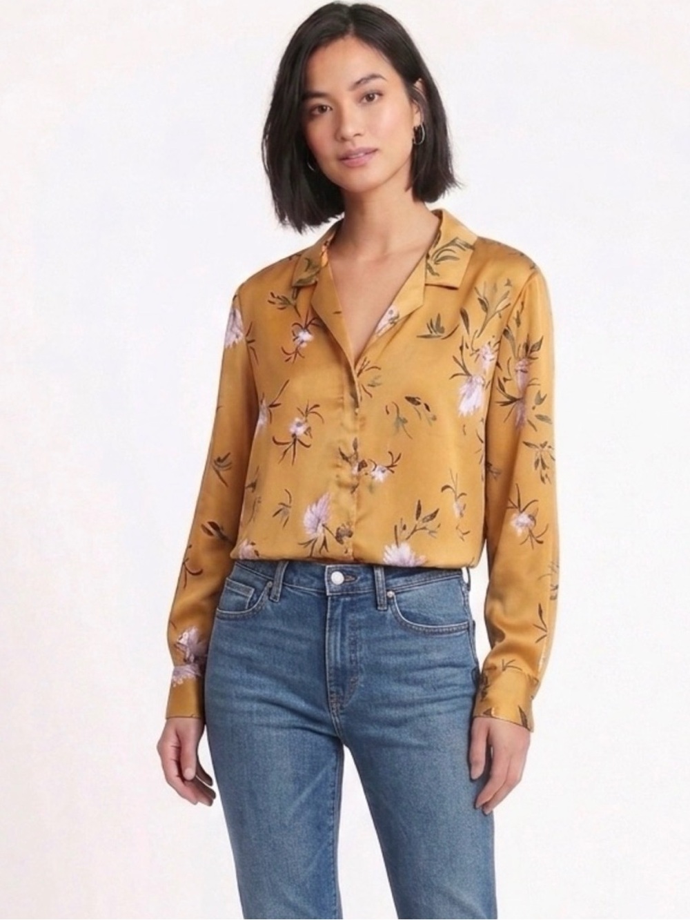 Dynamite yellow satin button up blouse size small